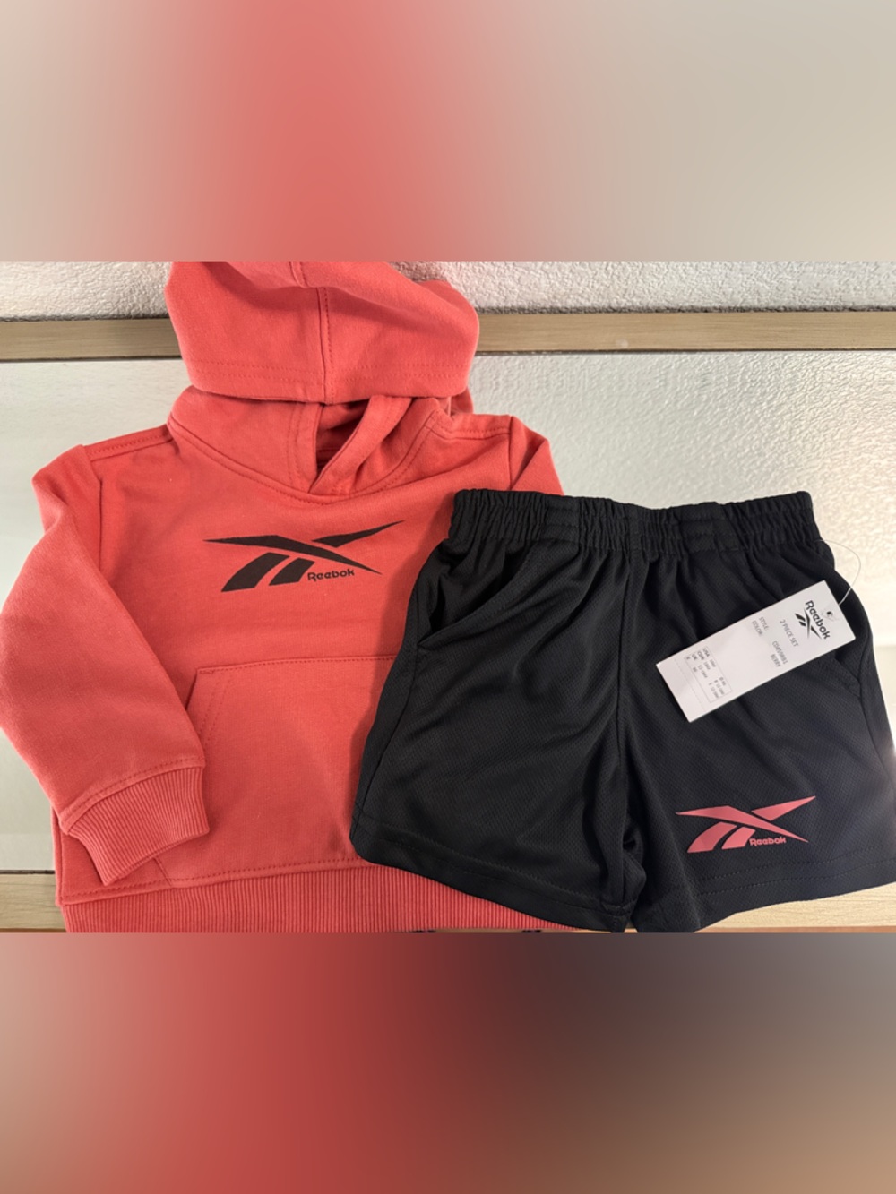 Reebok Coral Hoodie with Black Athletic Shorts Set Size 18 months